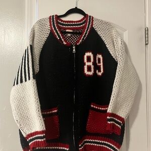 Varsity navy white and red oversized knit sweater
